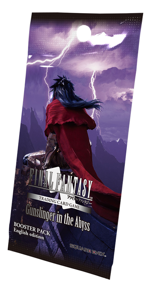 Final Fantasy Trading Card Game booster pack titled 'Gunslinger in the Abyss,' featuring a long-haired character in a red cape against a stormy mountain backdrop with lightning. English edition by Square Enix.