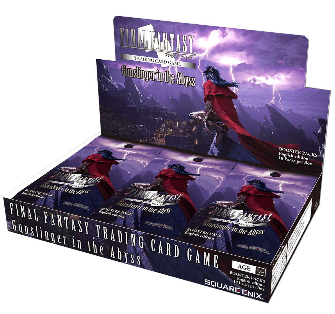 Display box of 'Final Fantasy Trading Card Game: Gunslinger in the Abyss' booster packs, featuring a blue-haired character in a red cape against a stormy background. The box includes 18 English edition packs and is labeled for ages 13 and up.