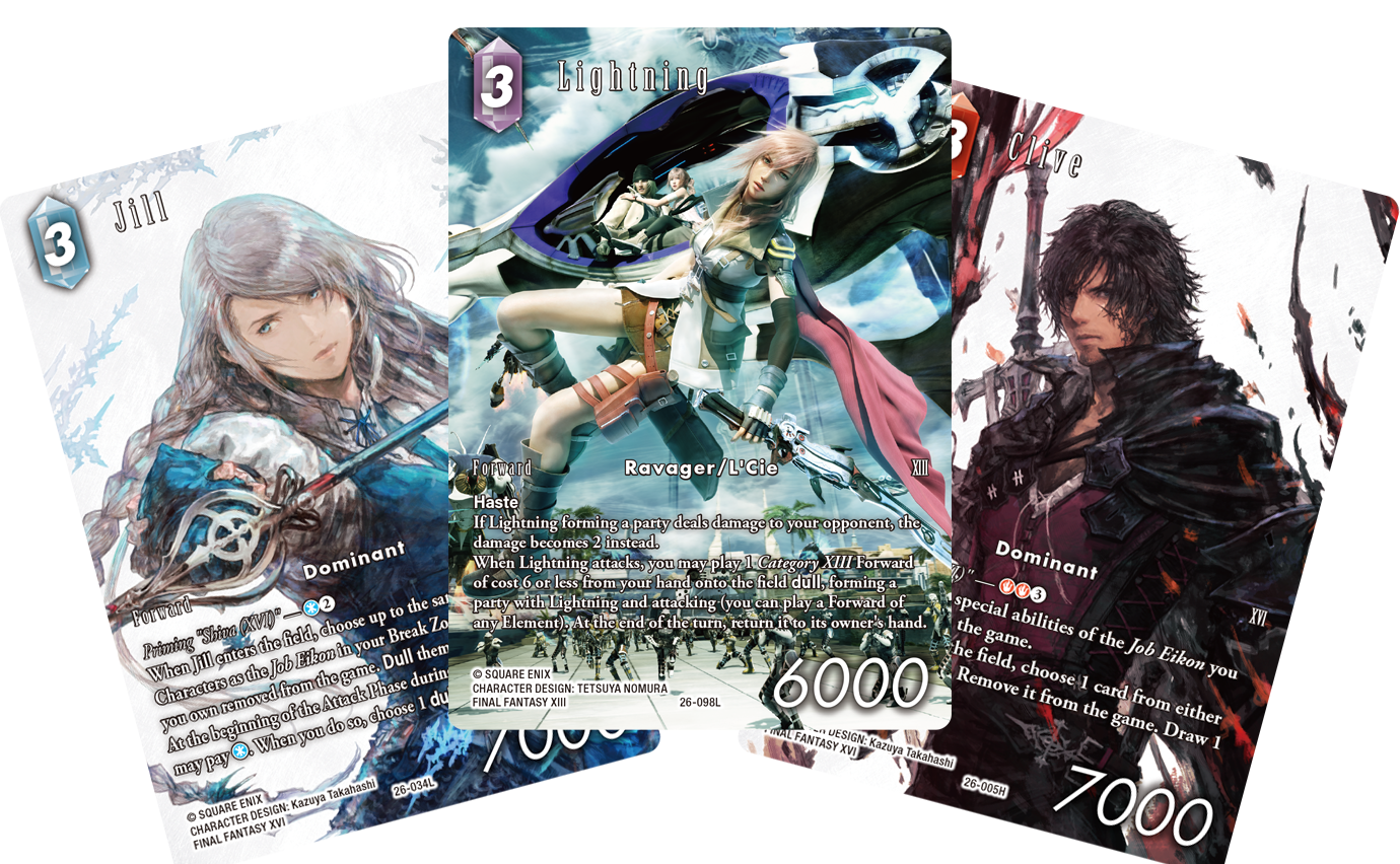 Three Final Fantasy Trading Card Game cards featuring Jill, Lightning, and Clive. Each card displays character artwork, cost, power, and unique abilities, with Jill and Lightning having 6000 power and Clive 7000.