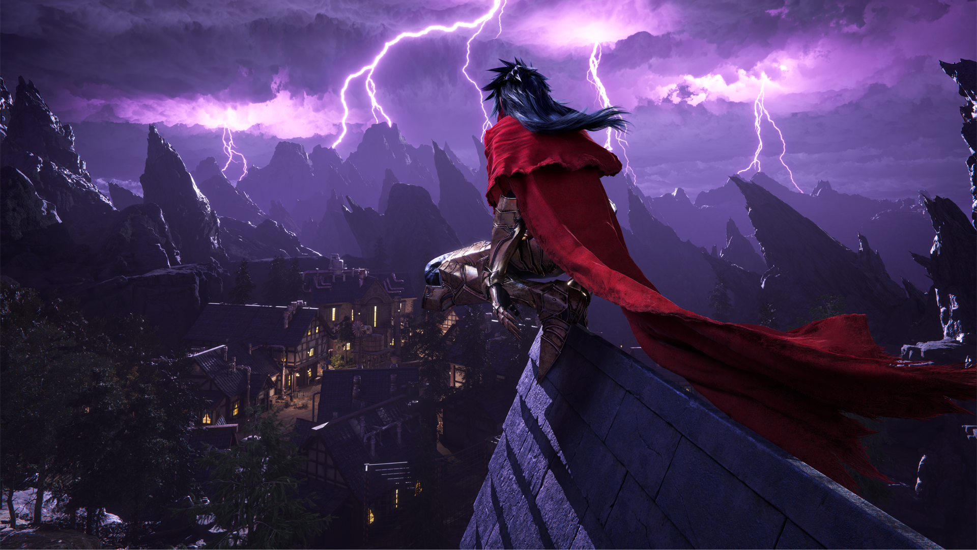 A figure in a red cape stands on a rocky cliff, gazing over a village surrounded by jagged mountains under a stormy sky with purple clouds and streaks of lightning.